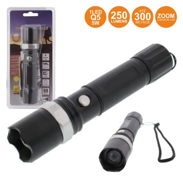 Lanterna C/ 1 Led Q5 5W 3 Níveis Luz Zoom 250Lm