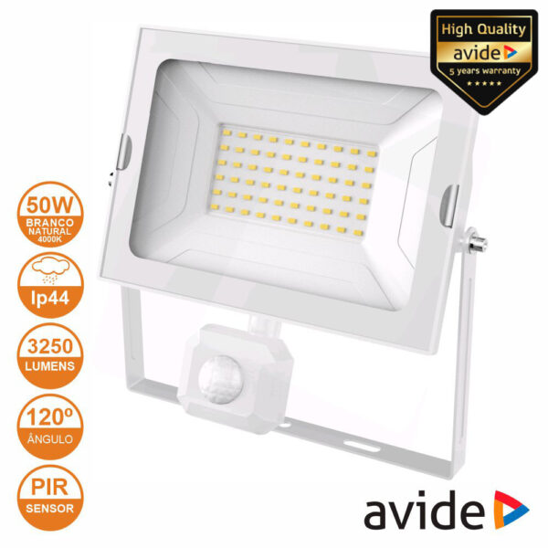 Foco LED 50W 230V C/ Sensor 4000K 3250lm Branco IP44 AVIDE