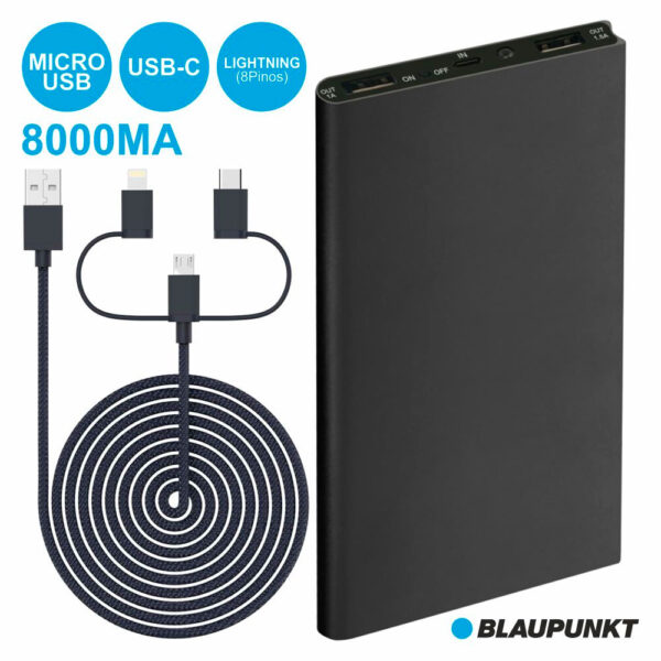 POWERBANK 8000MA C/ 3 FICHAS E CABO PRETO BLAUPUNKT