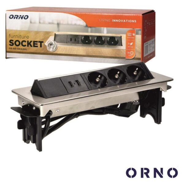 Tomada Elétrica Encastrar 3x Schuko 2x USB Cinzenta ORNO