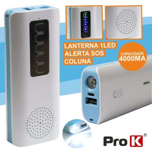 POWERBANK 4000MA C/ COLUNA BLUETOOTH + LANTERNA E SOS PROK