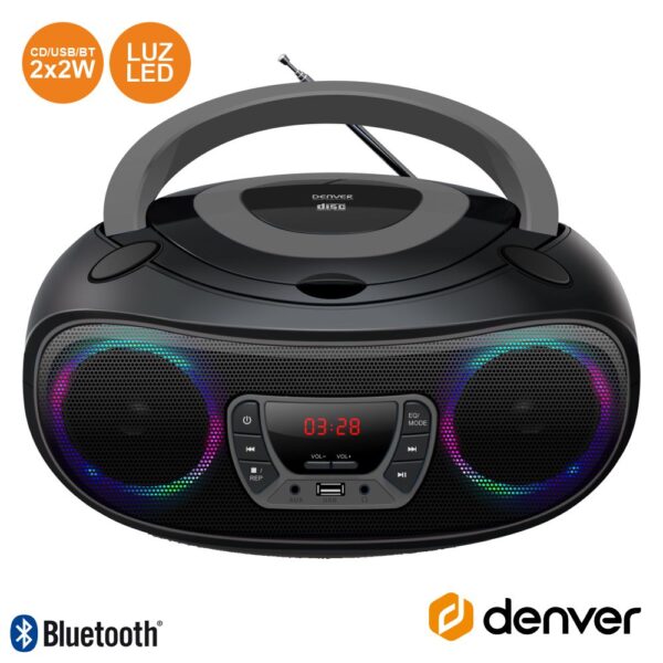 RÁDIO PORTÁTIL LEITOR FM/BT/CD/USB COLUNAS 2X2W LEDS DENVER